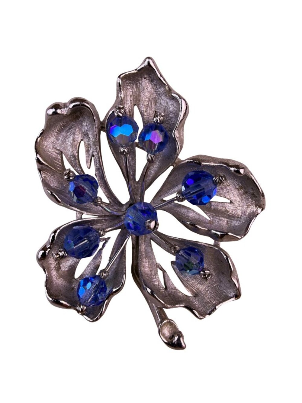 Coro Womens Silver Tone Large Flower Brooch Blue Aurora Borealis Rhinestones
